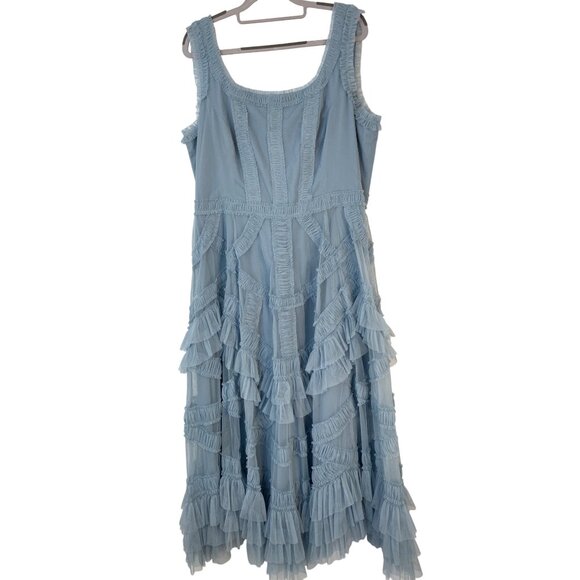 New Mac Duggal Size 14 Blue Ruffle Mesh Midi Dress RII10592 Wedding Guest - Picture 3 of 11
